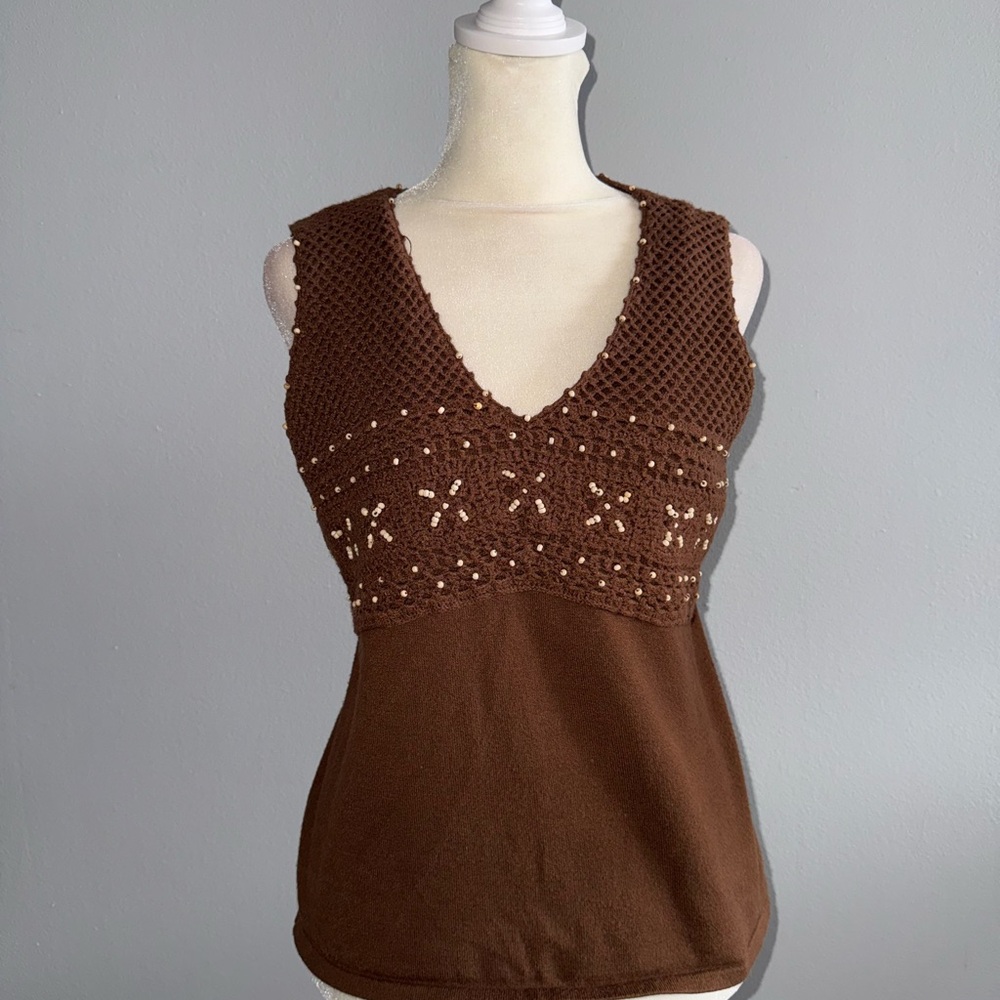 Peck & Peck Brown Crochet V-Neck Tank Top
